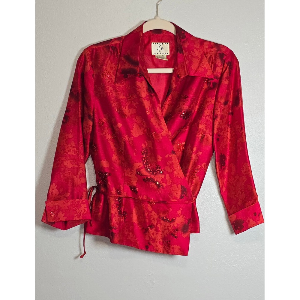 ICE Vintage Red 100% Silk Floral Wrap Top M Sequin Accents Holiday Tie Waist